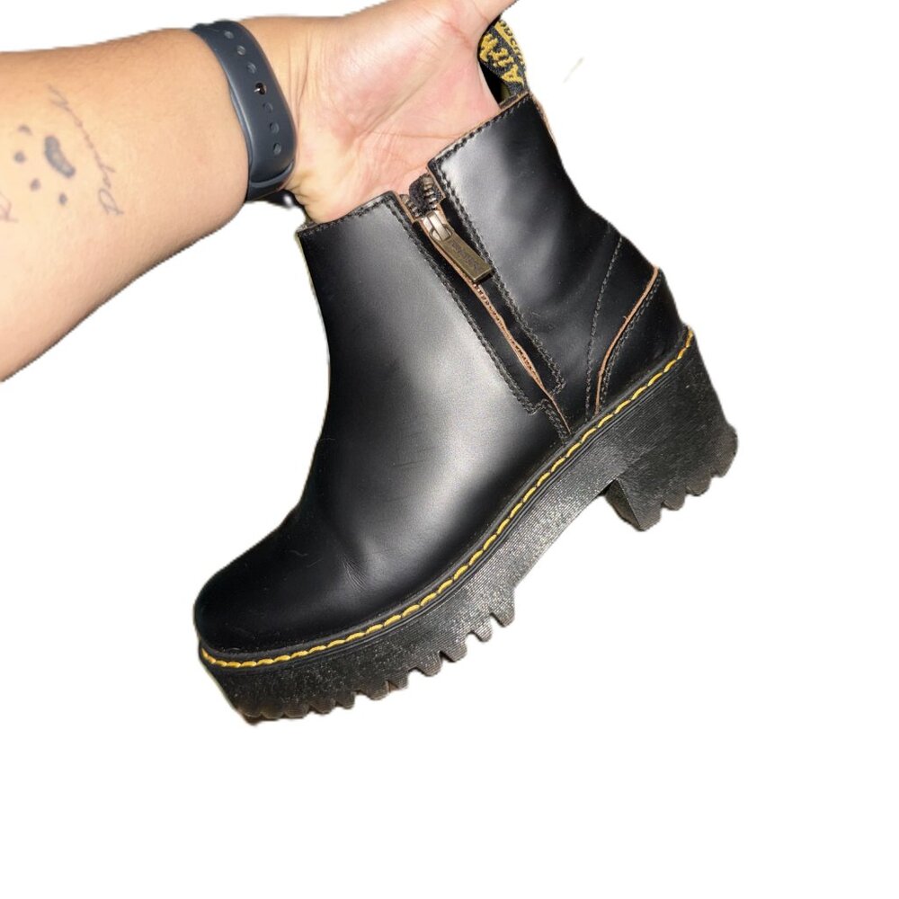 Dr. Martens Black Leather Platform Chelsea Boots with Yellow Stitching - Picture 3 of 5